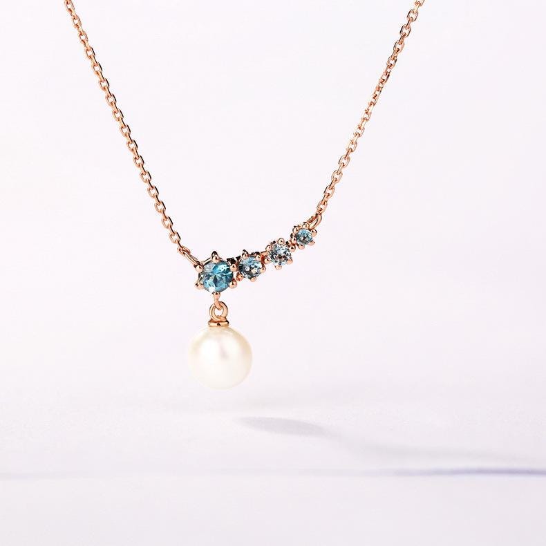 Elegant pearl pendant necklace five stone dainty pendant 9k/14k/18k rose gold art deco London blue topaz pendant necklace Anniversary gift - PENFINE