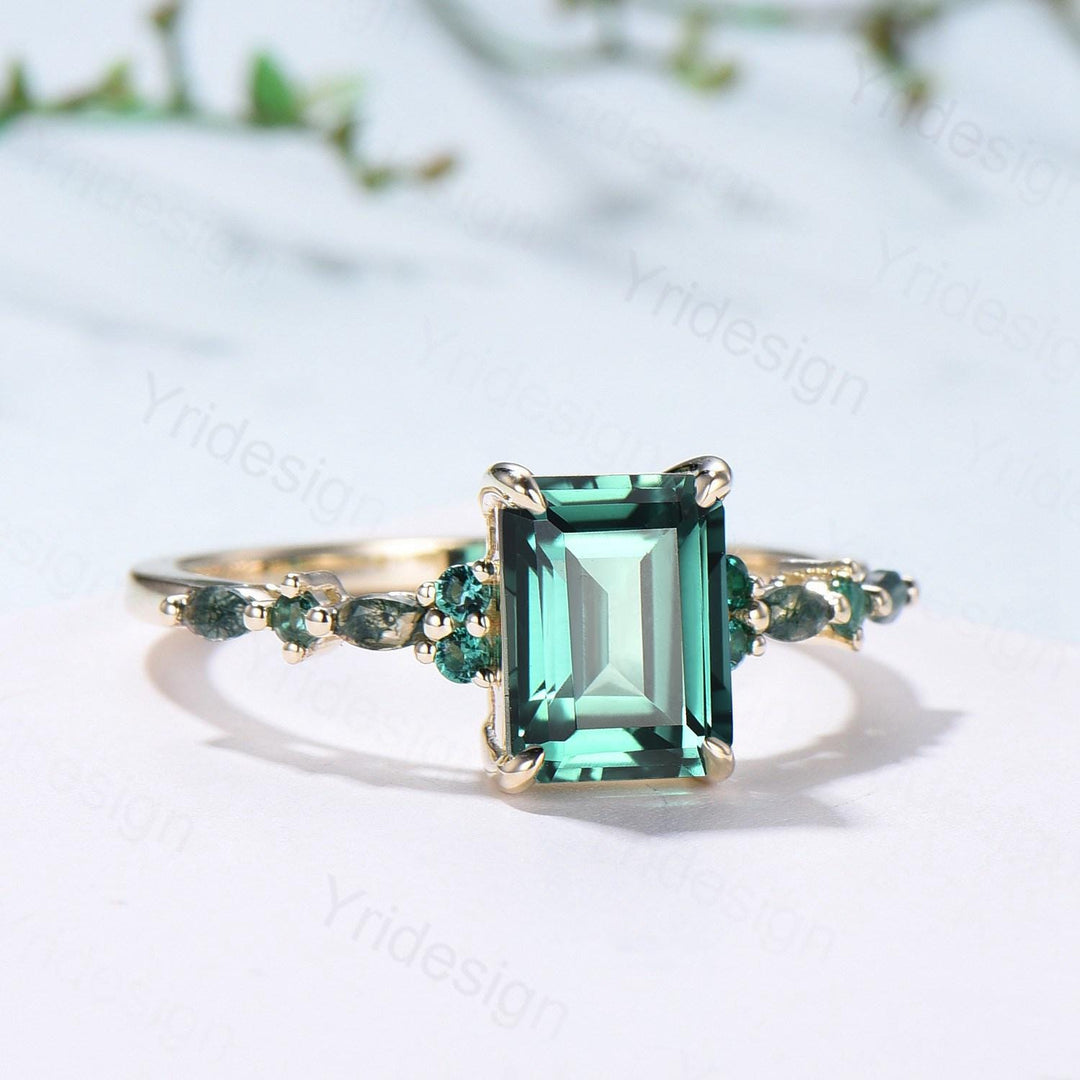 Vintage Emerald Cut Green Sapphire Engagement Ring 14K Yellow Gold Unique Marquise Moss Agate Emerald Wedding Ring Promise Anniversary Gifts - PENFINE
