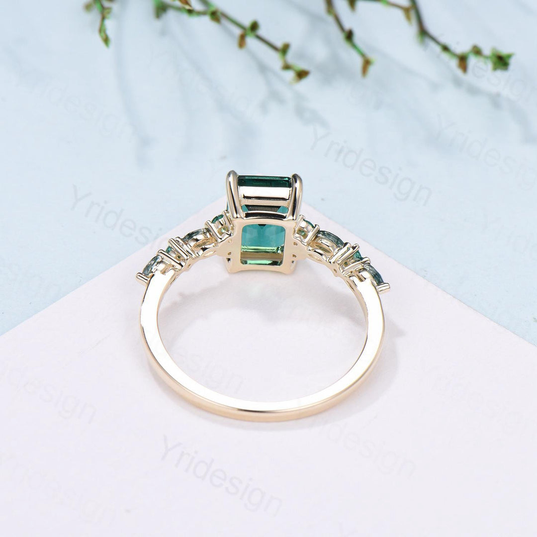 Vintage Emerald Cut Green Sapphire Engagement Ring 14K Yellow Gold Unique Marquise Moss Agate Emerald Wedding Ring Promise Anniversary Gifts - PENFINE