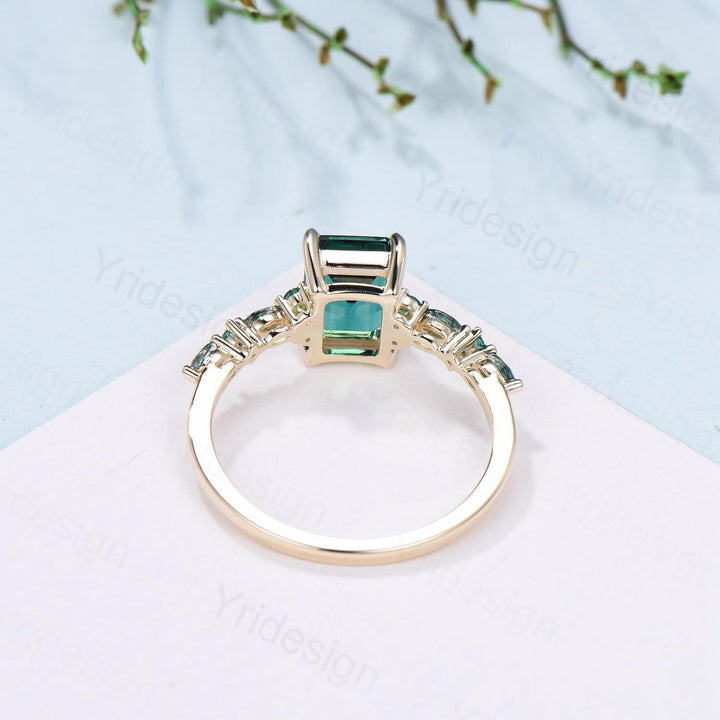 Vintage Emerald Cut Green Sapphire Engagement Ring 14K Yellow Gold Unique Marquise Moss Agate Emerald Wedding Ring Promise Anniversary Gifts - PENFINE