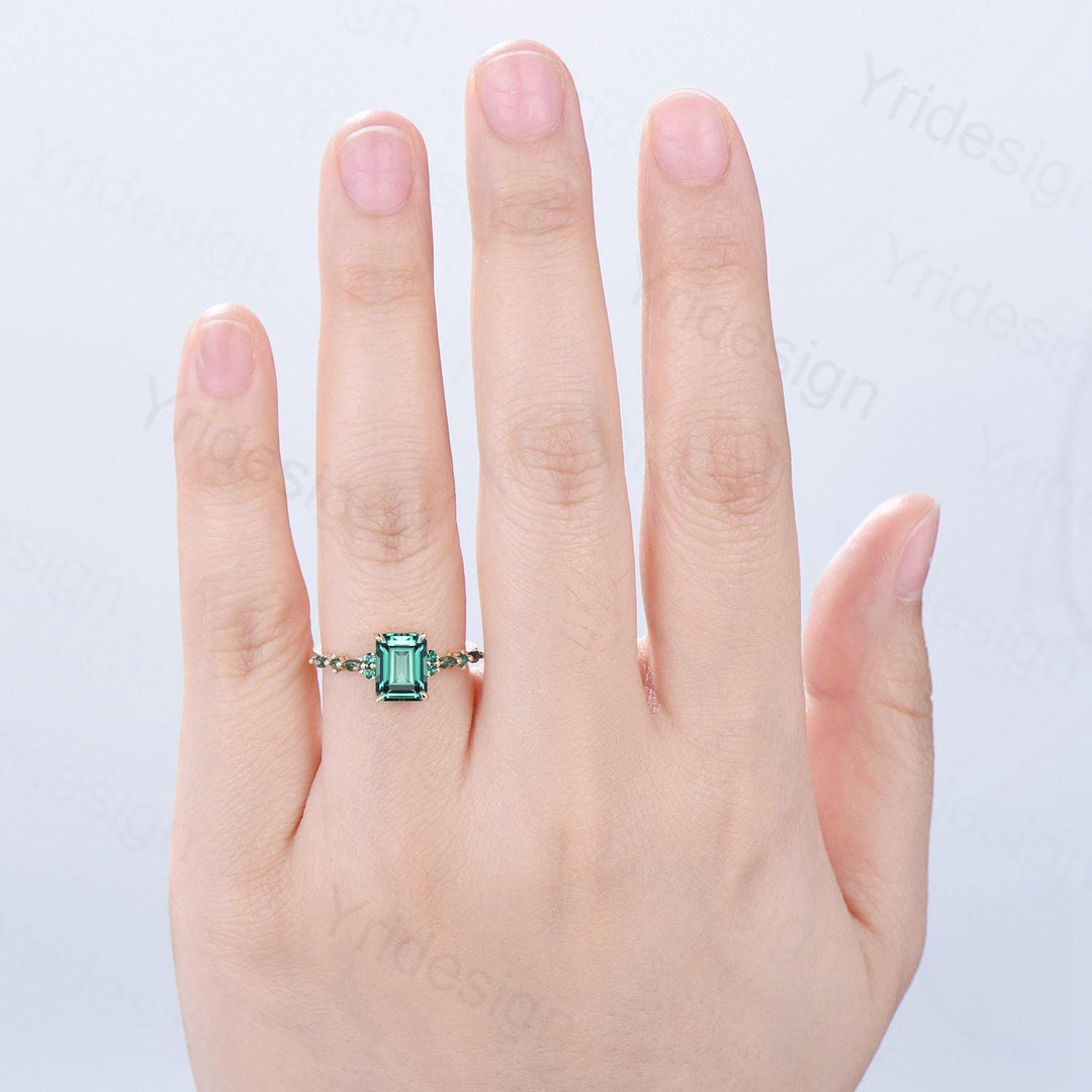 Vintage Emerald Cut Green Sapphire Engagement Ring 14K Yellow Gold Unique Marquise Moss Agate Emerald Wedding Ring Promise Anniversary Gifts - PENFINE