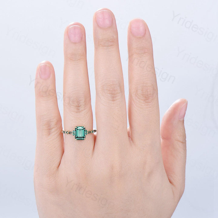 Vintage Emerald Cut Green Sapphire Engagement Ring 14K Yellow Gold Unique Marquise Moss Agate Emerald Wedding Ring Promise Anniversary Gifts - PENFINE
