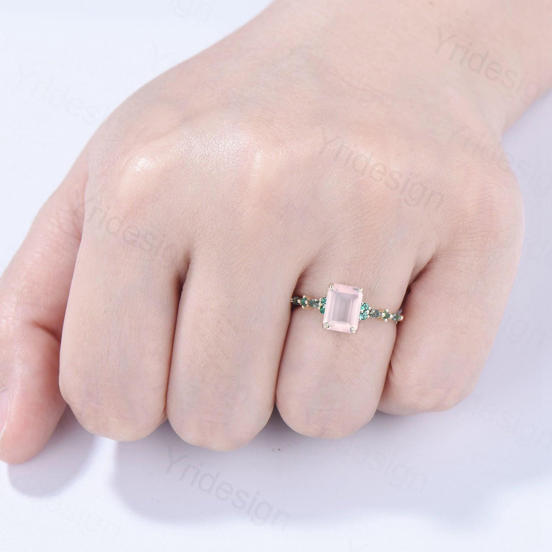 Vintage Emerald Cut Rose Quartz Engagement Ring Unique Marquise Moss Agate Pink Crystal Wedding Ring Yellow Gold Promise Anniversary Gifts - PENFINE