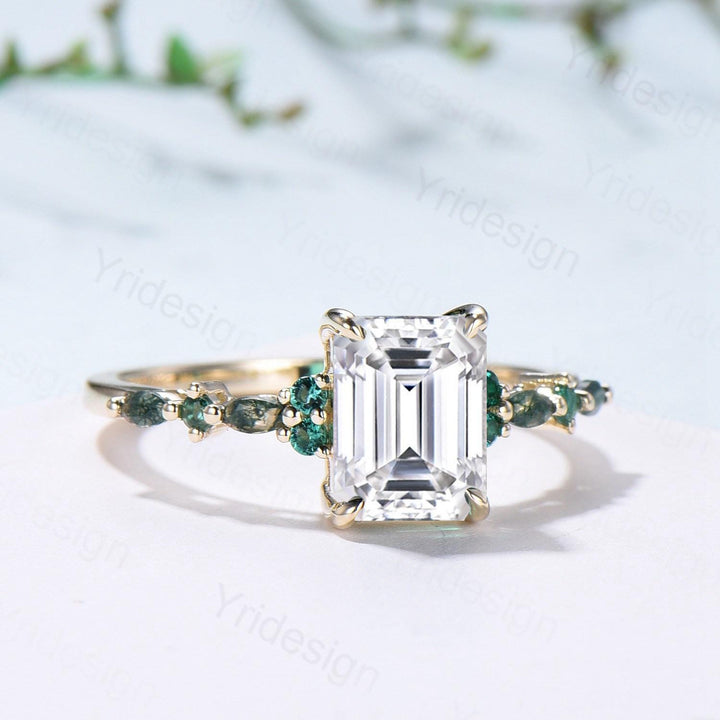 Vintage Emerald Cut Moissanite Engagement Ring Unique Marquise Moss Agate Moissanite Wedding Ring Art Deco Minimalsit Anniversary Ring Gift - PENFINE