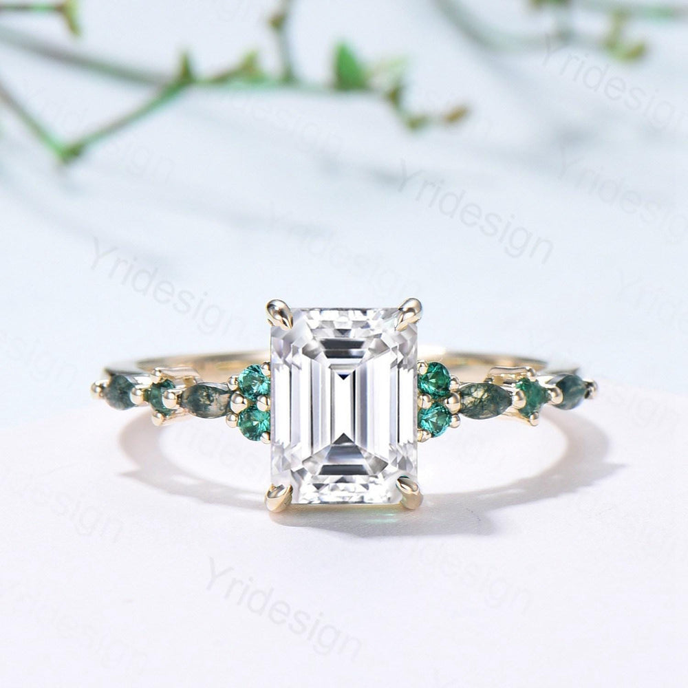 Vintage Emerald Cut Moissanite Engagement Ring Unique Marquise Moss Agate Moissanite Wedding Ring Art Deco Minimalsit Anniversary Ring Gift - PENFINE