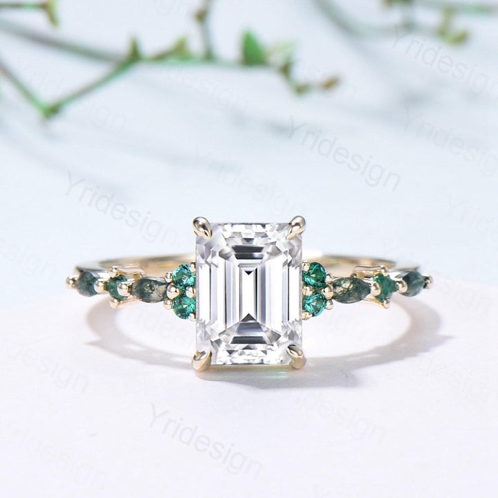 Vintage Emerald Cut Moissanite Engagement Ring Unique Marquise Moss Agate Moissanite Wedding Ring Art Deco Minimalsit Anniversary Ring Gift - PENFINE