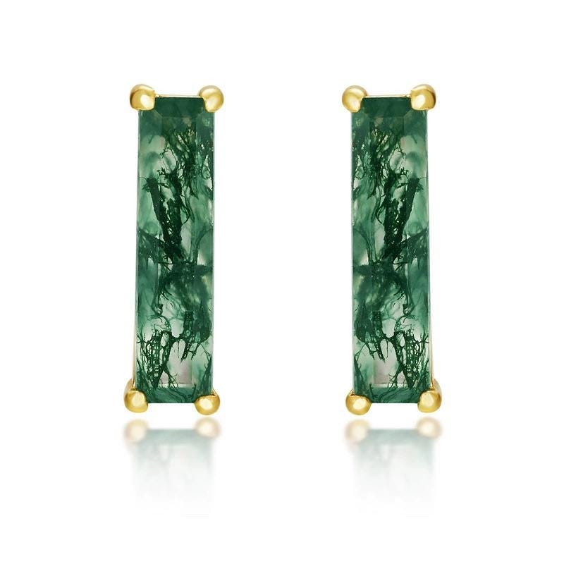 Minimalist baguette cut moss agate wedding set solitaire yellow gold moss agate pendant necklace rose gold agate earrings anniversary gifts - PENFINE