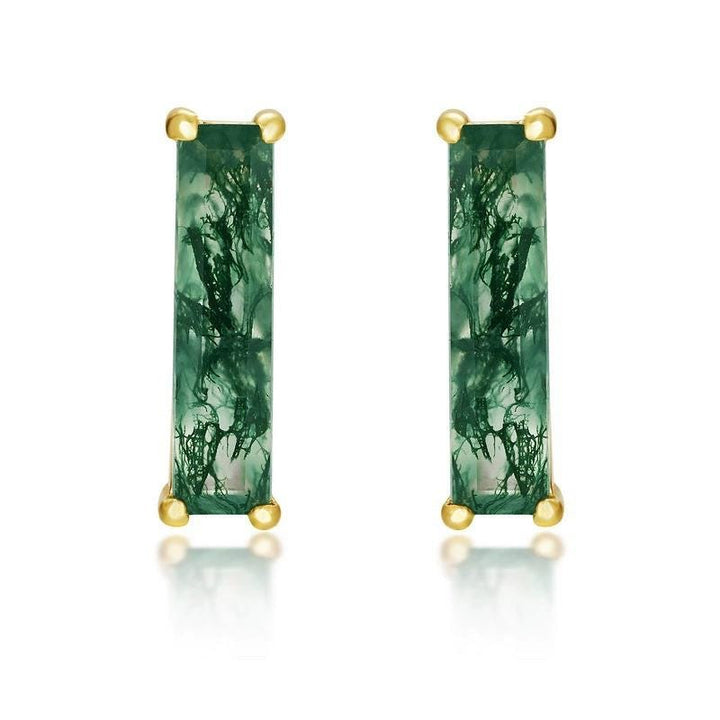 Minimalist baguette cut moss agate wedding set solitaire yellow gold moss agate pendant necklace rose gold agate earrings anniversary gifts - PENFINE
