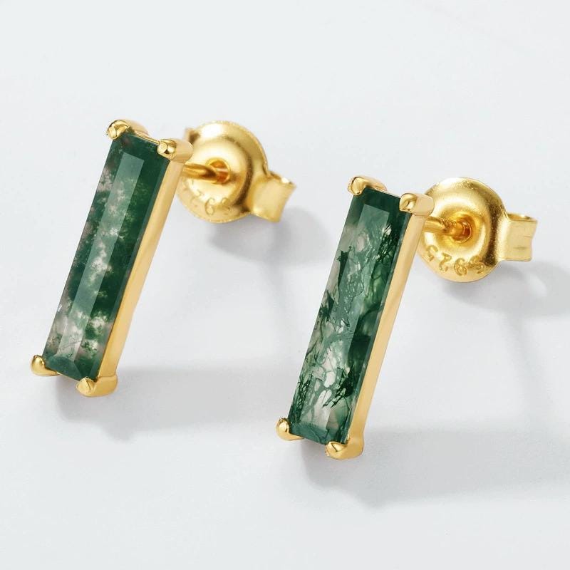 Minimalist baguette cut moss agate wedding set solitaire yellow gold moss agate pendant necklace rose gold agate earrings anniversary gifts - PENFINE