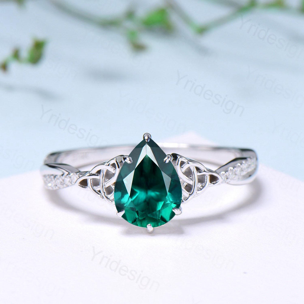 Celtic Knot Pear Shaped Emerald Engagement Ring For Women Unique Norse Viking infinity Moissanite Wedding Ring Spilt Shank Anniversary gifts - PENFINE