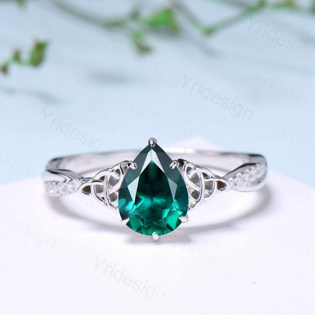Celtic Knot Pear Shaped Emerald Engagement Ring For Women Unique Norse Viking infinity Moissanite Wedding Ring Spilt Shank Anniversary gifts - PENFINE