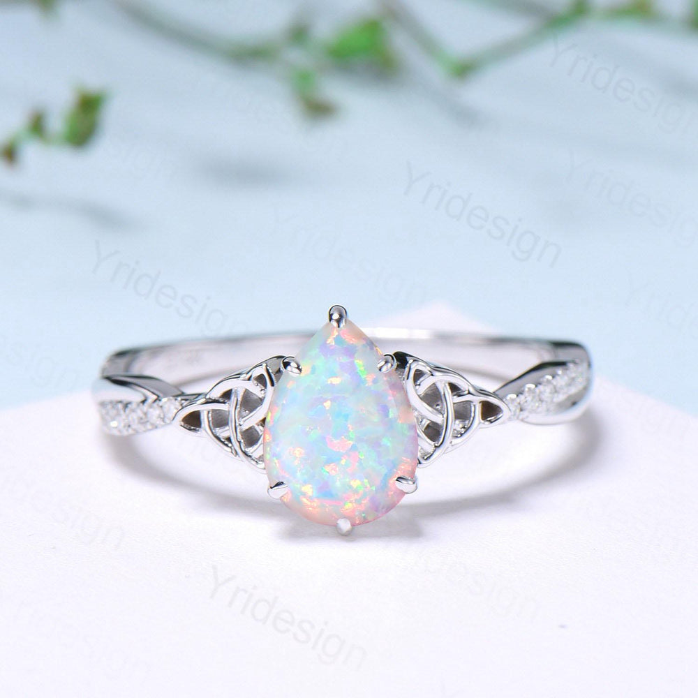 Celtic Knot Pear Shaped Fire Opal Engagement Ring For Women Unique Norse Viking infinity Opal Wedding Ring Spilt Shank Anniversary gifts - PENFINE