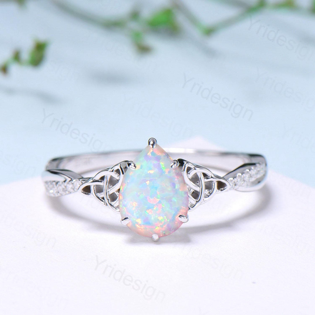 Celtic Knot Pear Shaped Fire Opal Engagement Ring For Women Unique Norse Viking infinity Opal Wedding Ring Spilt Shank Anniversary gifts - PENFINE