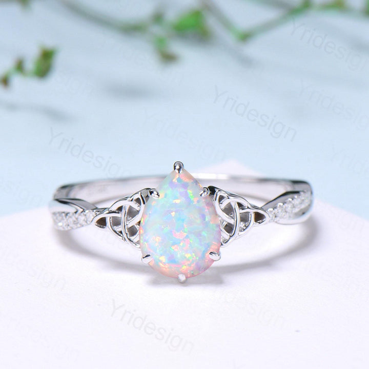 Celtic Knot Pear Shaped Fire Opal Engagement Ring For Women Unique Norse Viking infinity Opal Wedding Ring Spilt Shank Anniversary gifts - PENFINE