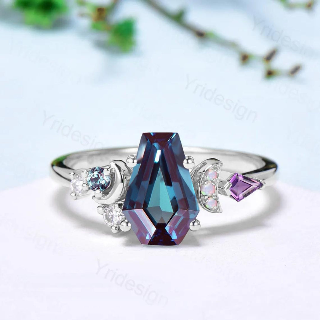 Unique coffin cut alexandrite engagement ring cluster opal amethyst moon wedding ring June birthstone gothic promise ring anniversary gift - PENFINE