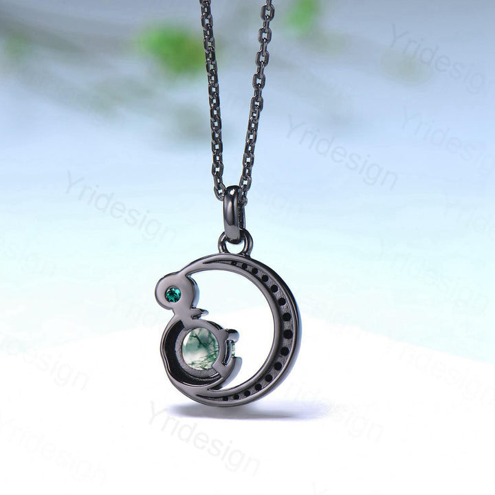 Unique Black Gold Green Moss Agate Necklace Magic Crescent Moon Dainty Agate Pendant Necklace Halloween Gothic Anniversary Gift for Daughter - PENFINE
