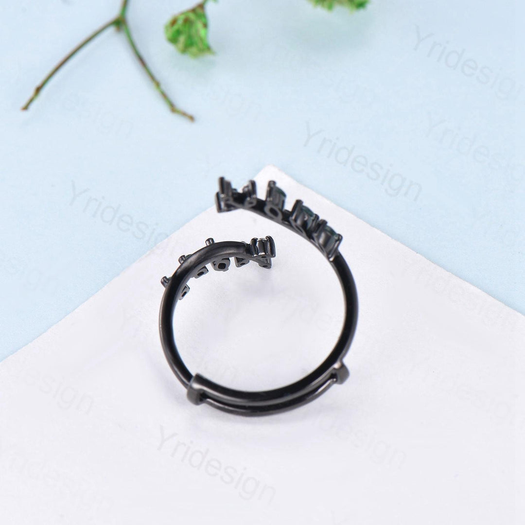 Gothic Black Gold Moss Agate Wedding Bands Women Nature Inspired Marquise Cut Green Agate Unique Double Enhance Matching Stacking Band Women - PENFINE