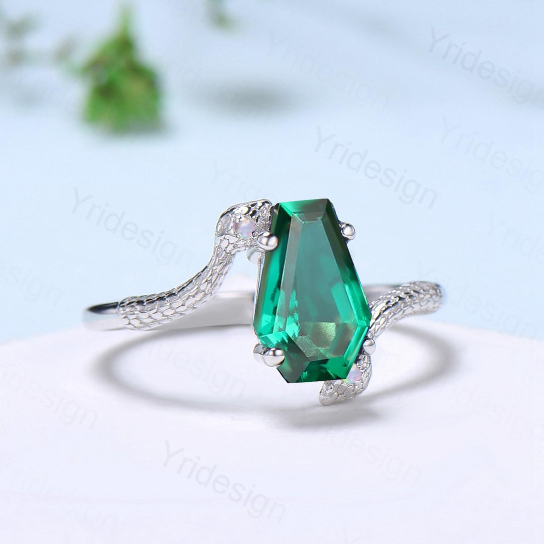 Unique Snake emerald engagement ring cold-blooded coffin shaped May birthstone three stone wedding ring for women anniversary promise gift - PENFINE