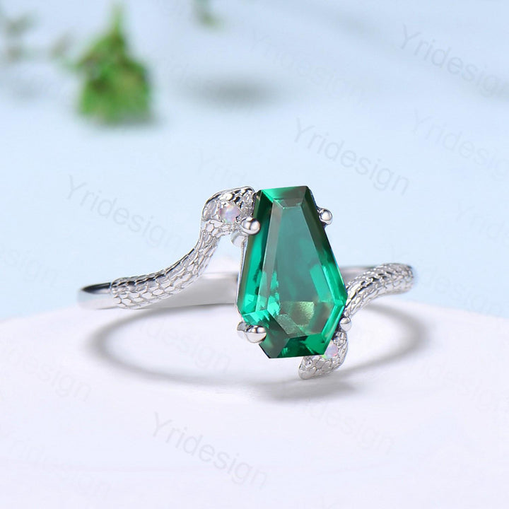 Unique Snake emerald engagement ring cold-blooded coffin shaped May birthstone three stone wedding ring for women anniversary promise gift - PENFINE