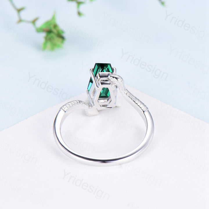 Unique Snake emerald engagement ring cold-blooded coffin shaped May birthstone three stone wedding ring for women anniversary promise gift - PENFINE