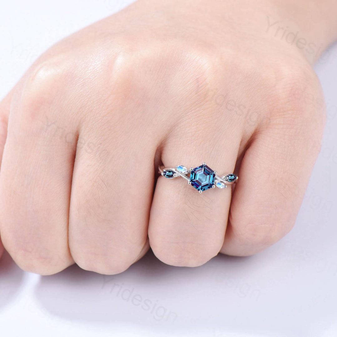 Five stone blue sapphire engagement ring emerald cut twig vine September birthstone engagement ring marquise sapphire anniversary gift women - PENFINE