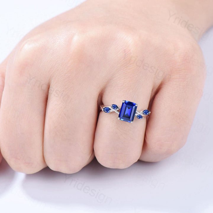 Five stone blue sapphire engagement ring emerald cut twig vine September birthstone engagement ring marquise sapphire anniversary gift women - PENFINE