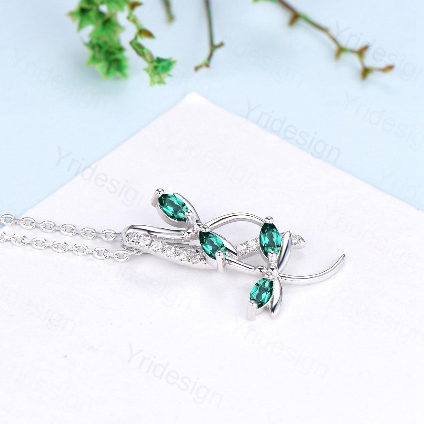 Nature Inspired Emerald Necklace Unique Marquise Emerald Dragonfly Accompany Necklace Pendant Necklace May Birthstone Anniversary Gift Women - PENFINE