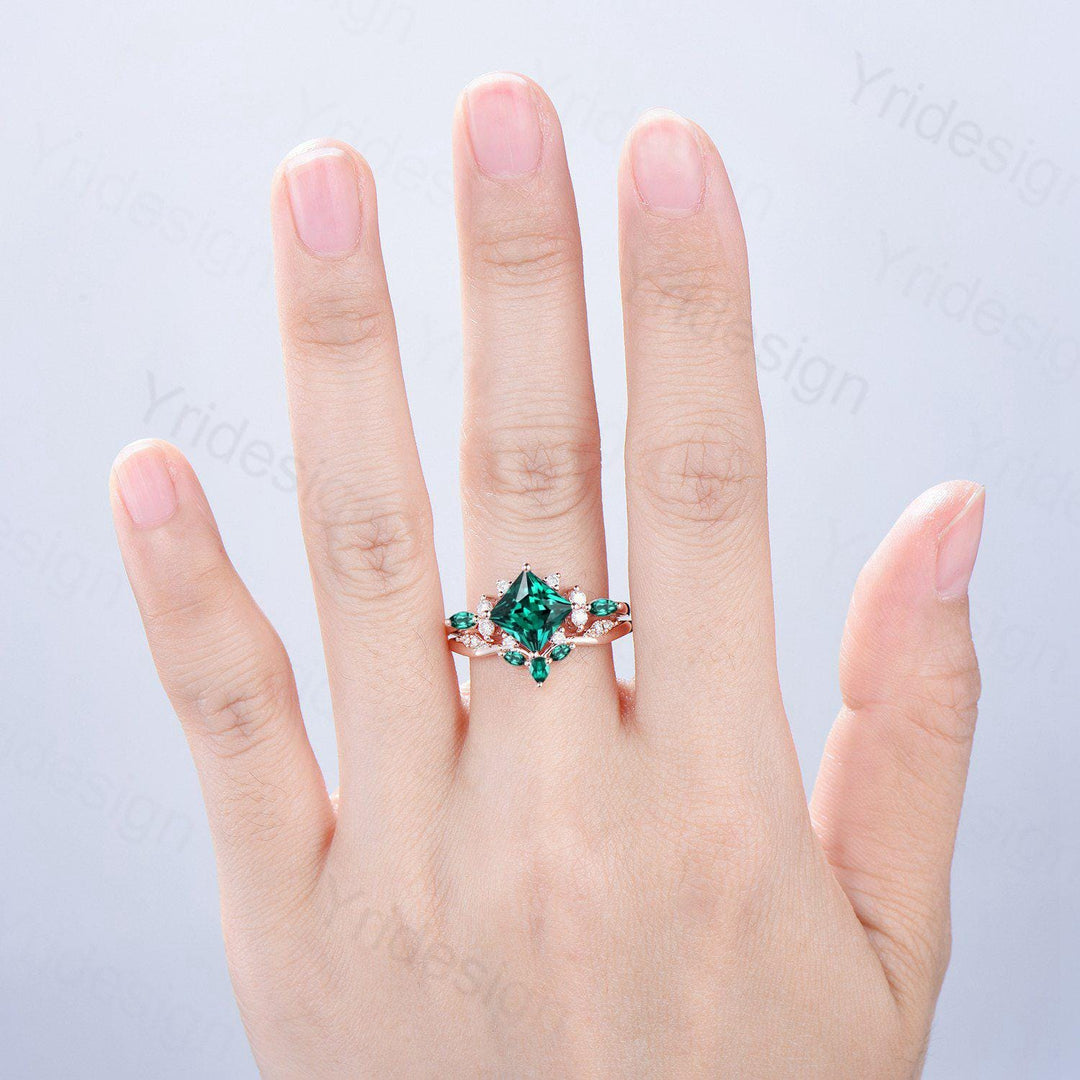 Vintage 2CT Princess Cut Emerald Engagement Ring Cluster Marquise Green Gemstone Wedding Ring Set 2pcs Bridal Anniversary Ring 14K Rose Gold - PENFINE