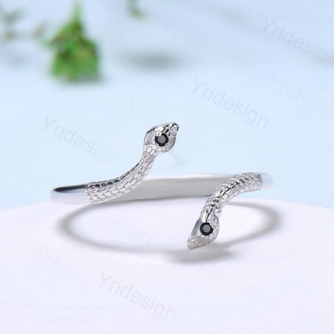 Dainty black diamond snake wedding band women unique curved eternity wedding band stacking ring spinel band anniversary wedding gift for her - PENFINE