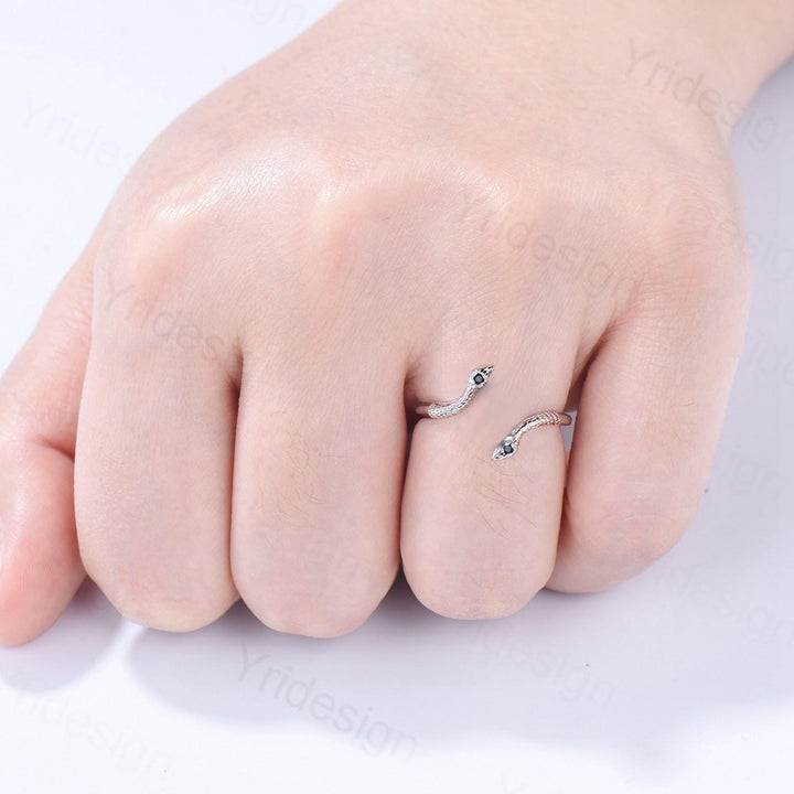 Dainty black diamond snake wedding band women unique curved eternity wedding band stacking ring spinel band anniversary wedding gift for her - PENFINE