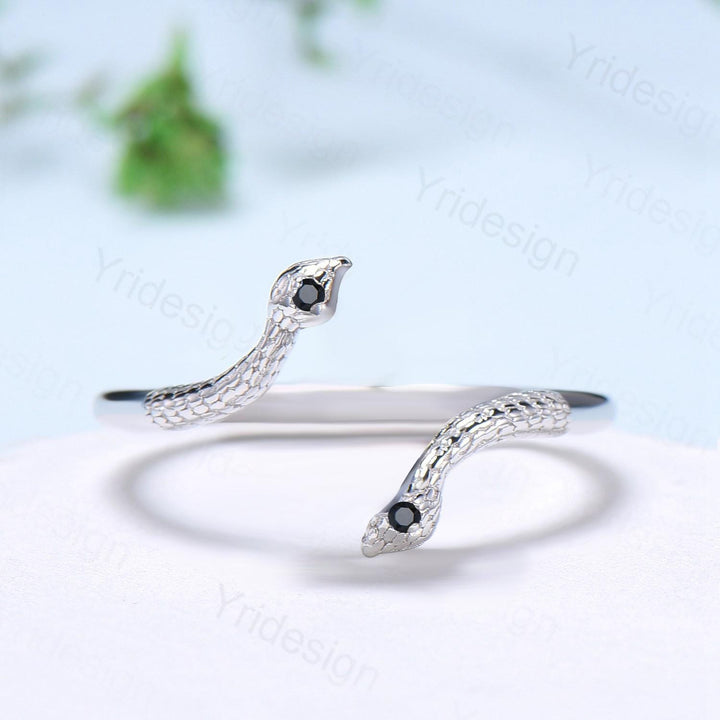 Dainty black diamond snake wedding band women unique curved eternity wedding band stacking ring spinel band anniversary wedding gift for her - PENFINE