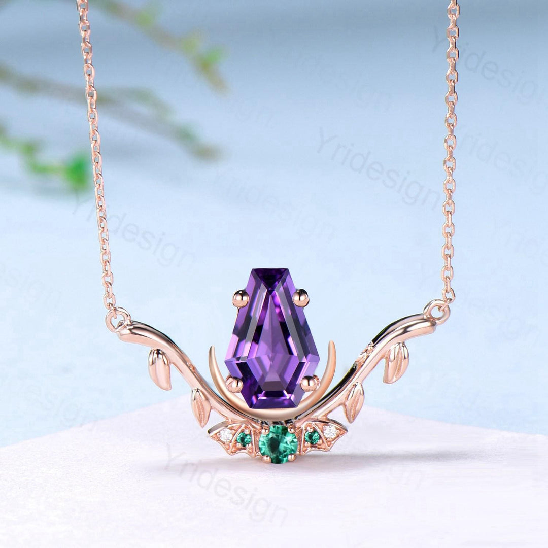 Unique Coffin Cut Amethyst Pendant Necklace Night Moon Bat Necklace Emerald Leaf Vine Branch Necklace Art Deco Anniversary gift for Women - PENFINE
