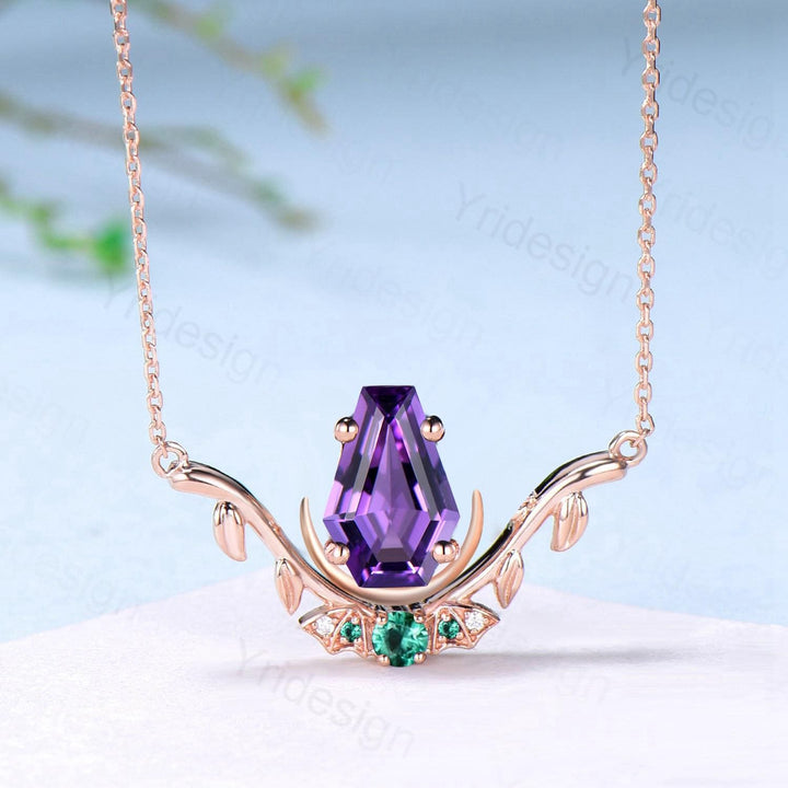 Unique Coffin Cut Amethyst Pendant Necklace Night Moon Bat Necklace Emerald Leaf Vine Branch Necklace Art Deco Anniversary gift for Women - PENFINE