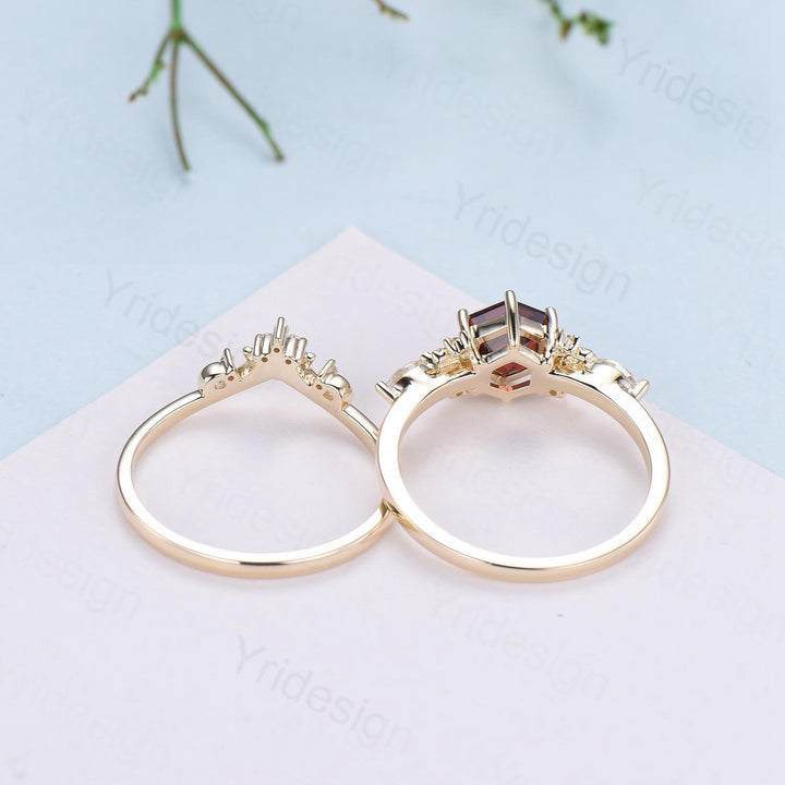Nature inspired hexagon garnet engagement ring set 14k yellow gold unique leaf vine garnet wedding ring set January birthstone jewelry women - PENFINE
