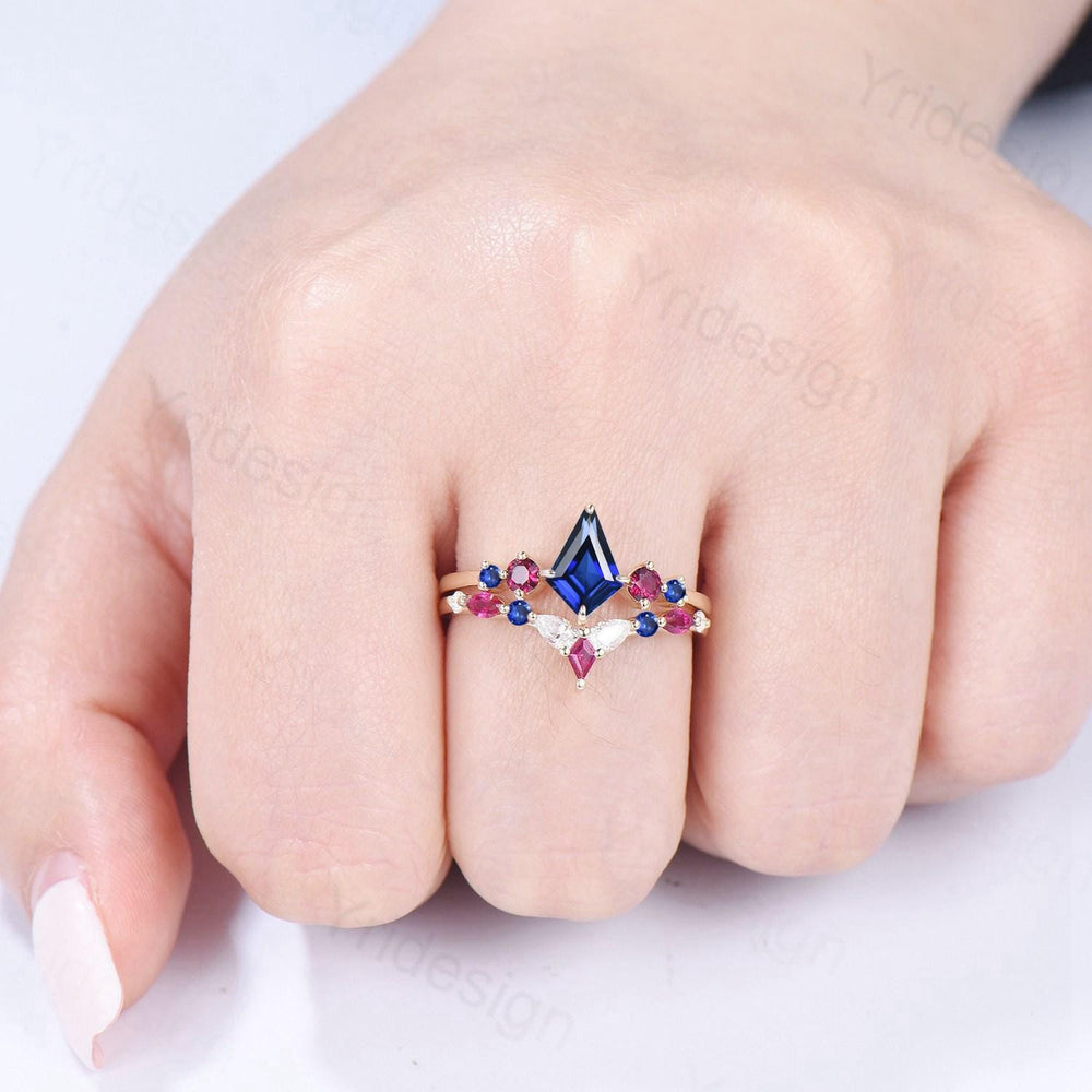 Vintage Kite Cut Sapphire Engagement Ring Set Five Stone Sapphire Ruby Wedding ring Set 14K Yellow Gold Art Deco 2pcs Bridal Ring Set Women - PENFINE