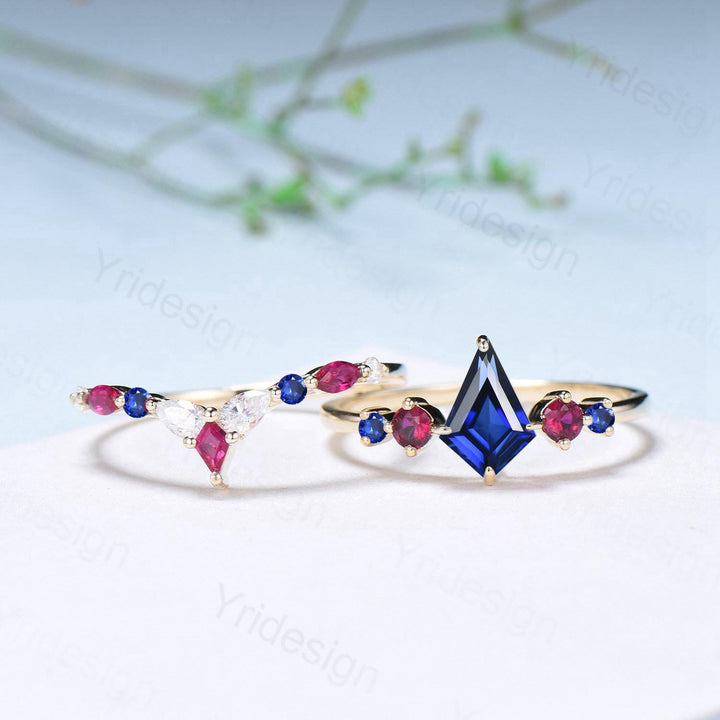 Vintage Kite Cut Sapphire Engagement Ring Set Five Stone Sapphire Ruby Wedding ring Set 14K Yellow Gold Art Deco 2pcs Bridal Ring Set Women - PENFINE