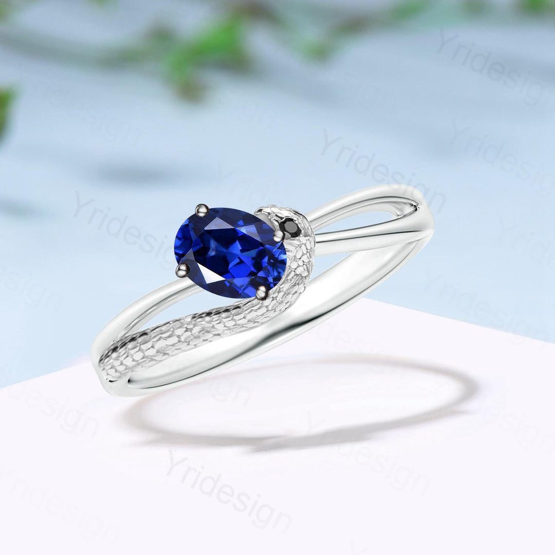 Snake Sapphire Engagement Ring Gold, 14K Solid Gold Gothic Ring for Women, Serpent Ring, Animal Ring,Split Shank Black Spinel Snake Eye Ring - PENFINE