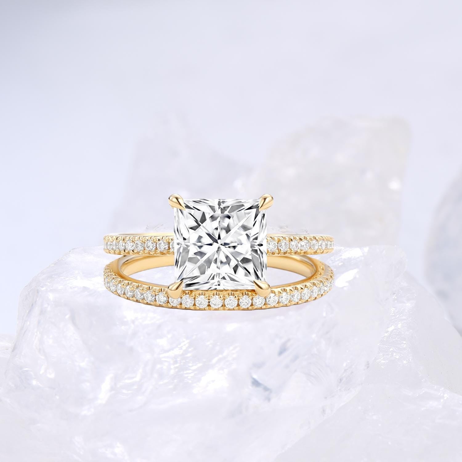 Vintage Princess Cut Lab Grown Diamond Wedding Ring Set IGI Certificat ...