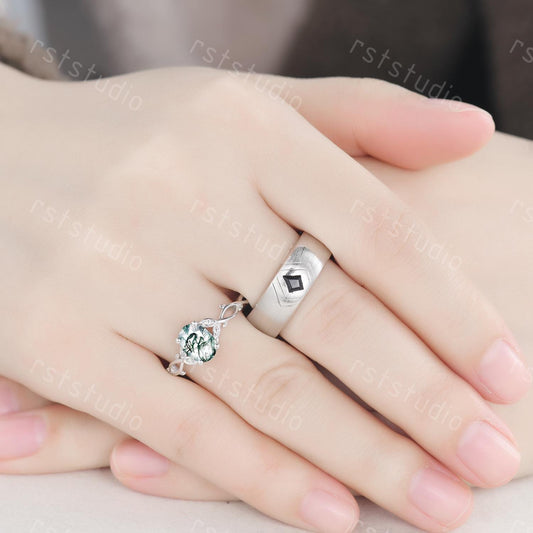 Vintage Moss Agate Couples Ring Set: Kite Spinel 14K White Gold Wedding Bands