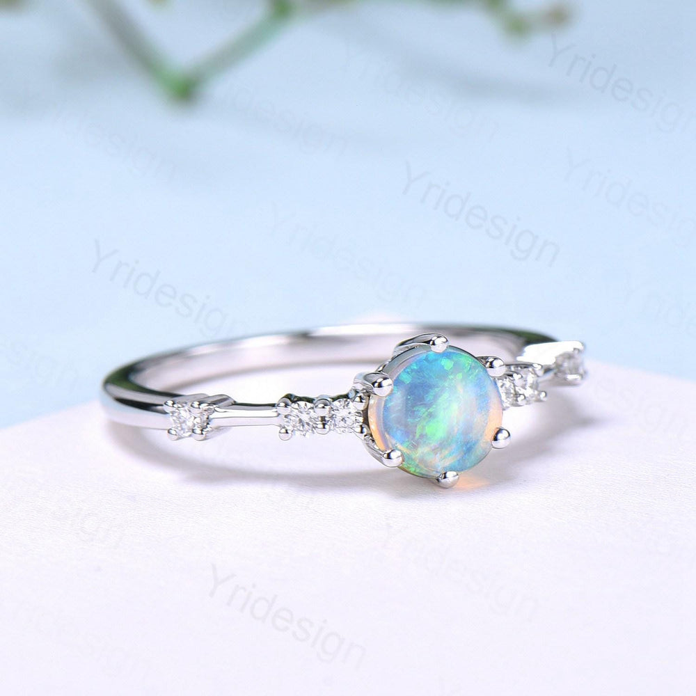 Dainty Natural Fire Opal Ring Natural Inspired White Opal Diamond Engagement Ring White Gold Minimalist Bridal Anniversary Ring for Women - PENFINE