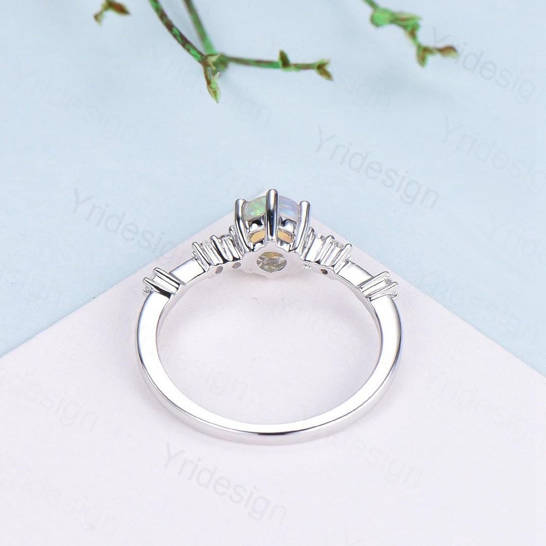 Dainty Natural Fire Opal Ring Natural Inspired White Opal Diamond Engagement Ring White Gold Minimalist Bridal Anniversary Ring for Women - PENFINE