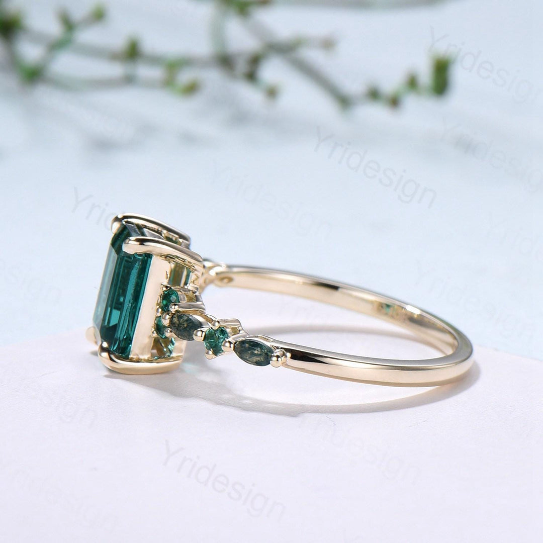 Vintage Emerald Cut Green Sapphire Engagement Ring 14K Yellow Gold Unique Marquise Moss Agate Emerald Wedding Ring Promise Anniversary Gifts - PENFINE