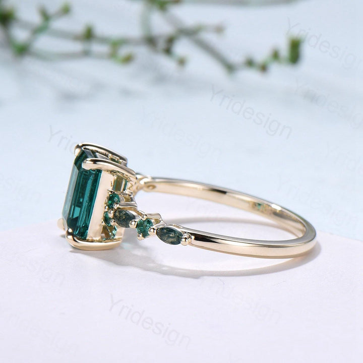 Vintage Emerald Cut Green Sapphire Engagement Ring 14K Yellow Gold Unique Marquise Moss Agate Emerald Wedding Ring Promise Anniversary Gifts - PENFINE