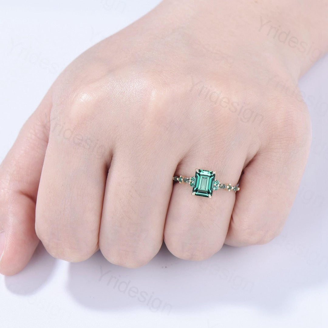 Vintage Emerald Cut Green Sapphire Engagement Ring 14K Yellow Gold Unique Marquise Moss Agate Emerald Wedding Ring Promise Anniversary Gifts - PENFINE