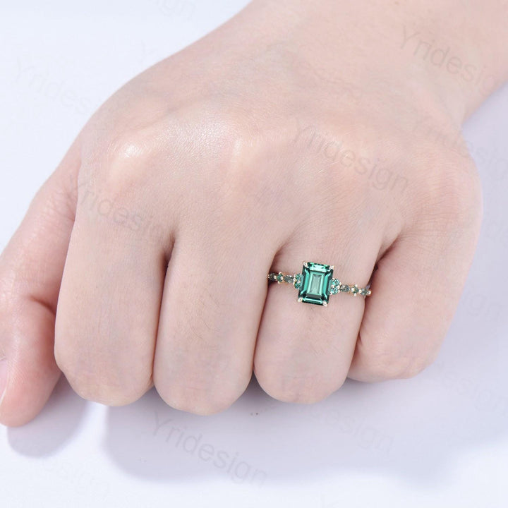 Vintage Emerald Cut Green Sapphire Engagement Ring 14K Yellow Gold Unique Marquise Moss Agate Emerald Wedding Ring Promise Anniversary Gifts - PENFINE