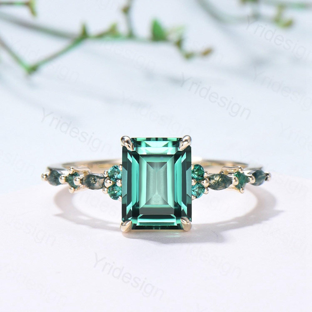 Vintage Emerald Cut Green Sapphire Engagement Ring 14K Yellow Gold Unique Marquise Moss Agate Emerald Wedding Ring Promise Anniversary Gifts - PENFINE