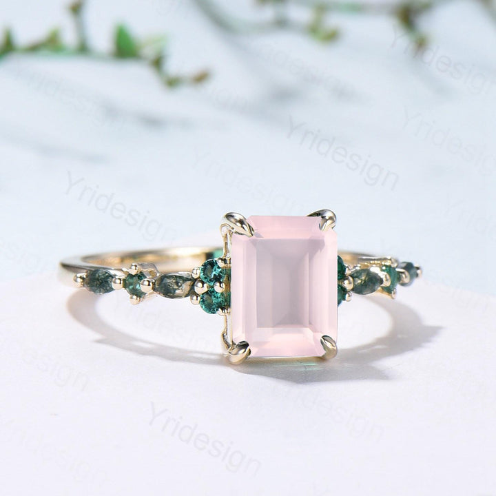 Vintage Emerald Cut Rose Quartz Engagement Ring Unique Marquise Moss Agate Pink Crystal Wedding Ring Yellow Gold Promise Anniversary Gifts - PENFINE