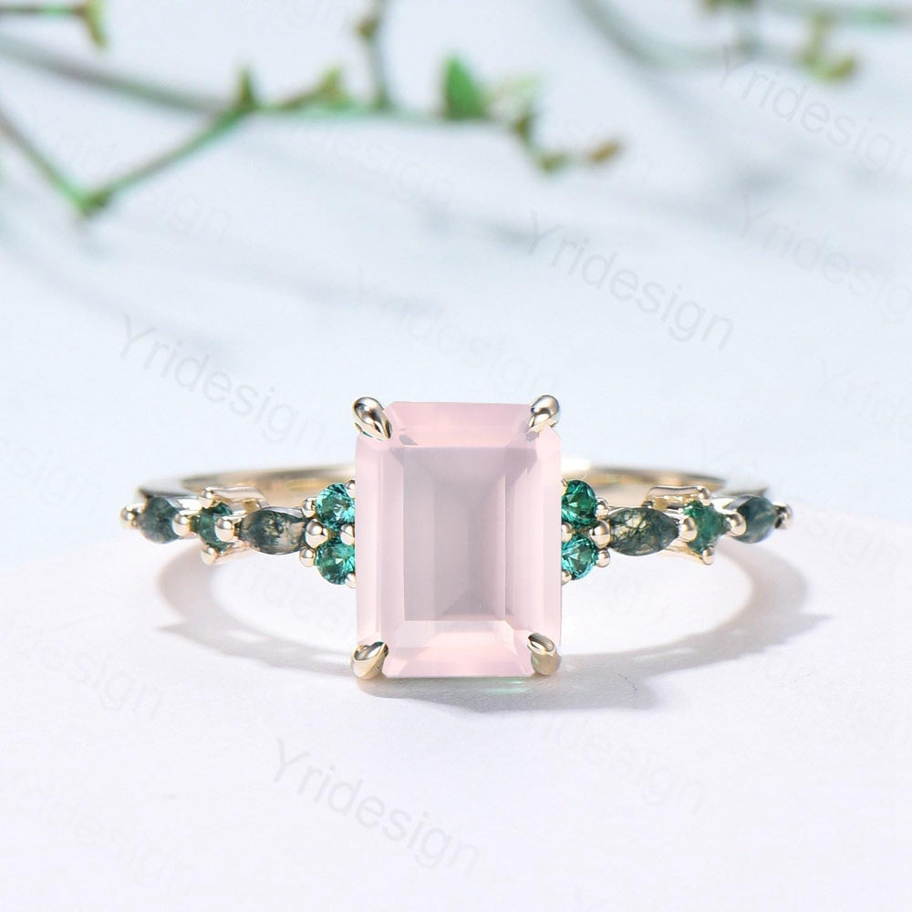 Vintage Emerald Cut Rose Quartz Engagement Ring Unique Marquise Moss Agate Pink Crystal Wedding Ring Yellow Gold Promise Anniversary Gifts - PENFINE