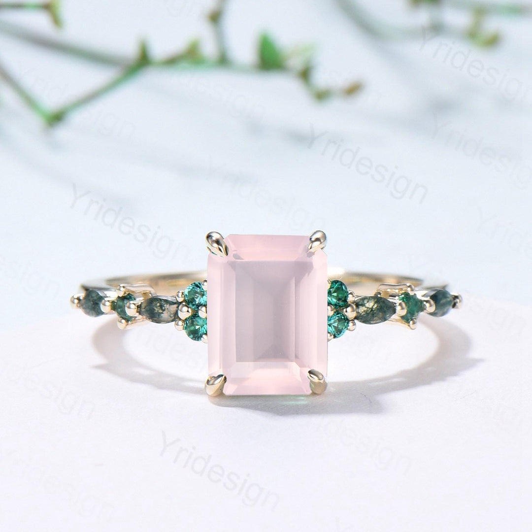 Vintage Emerald Cut Rose Quartz Engagement Ring Unique Marquise Moss Agate Pink Crystal Wedding Ring Yellow Gold Promise Anniversary Gifts - PENFINE