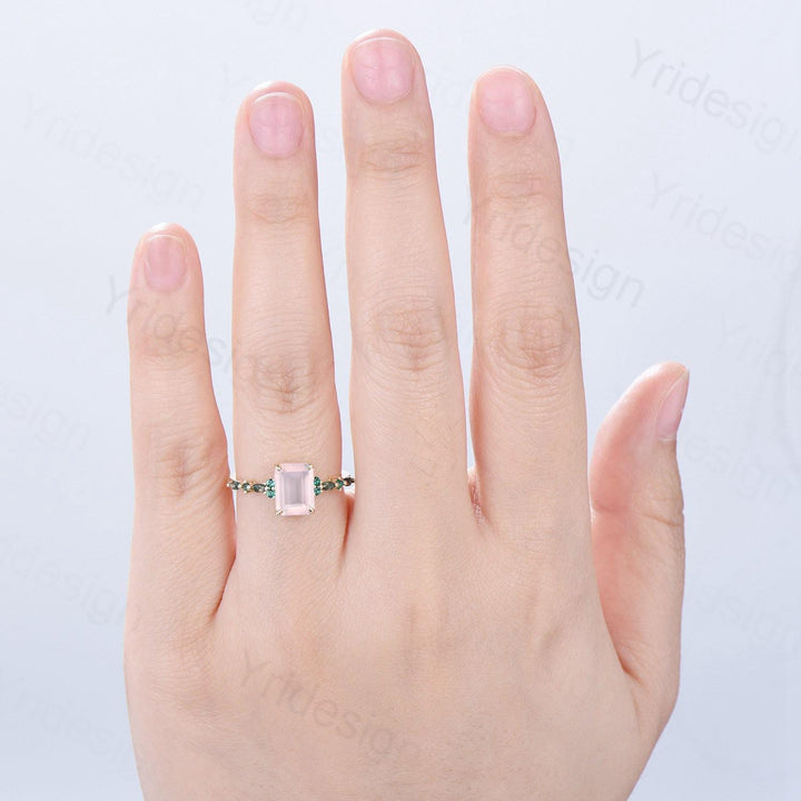 Vintage Emerald Cut Rose Quartz Engagement Ring Unique Marquise Moss Agate Pink Crystal Wedding Ring Yellow Gold Promise Anniversary Gifts - PENFINE